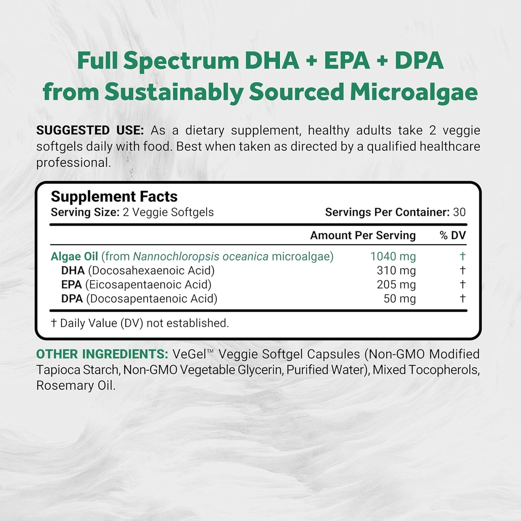Naturalis Vegan Omega 3 DHA, EPA & DPA from Algae | Vegan Society Certified, Sustainably Sourced, True Full Spectrum | 60 Veggie Softgels (Carrageenan Free) 6