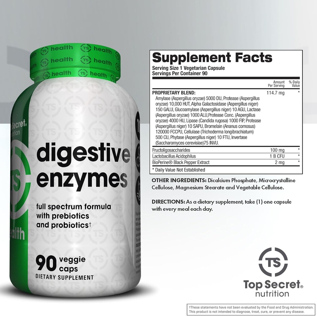 Top Secret Nutrition Digestive Enzymes | Full Spectrum Prebiotics & Probiotics | 10 Enzymes | for Gut Health, Bloating & Nutrient Absorption | 90 Capsules 3