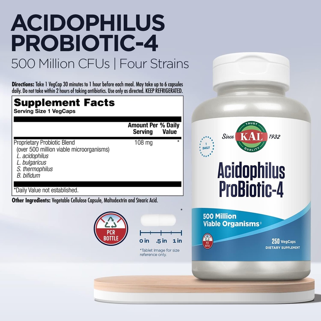 KAL Acidophilus ProBiotic-4, 500 Million CFUs, Four Probiotic Strains, Probiotics for Women and Men, Freeze Dried, L. acidophilus, L. bulgaricus, S. thermophilus, B. bifidum, 250 Servings, 250 VegCaps 4