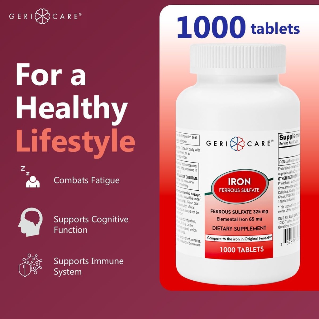 GeriCare Ferrous Sulfate Tablets 325mg, Elemental Iron 65 mg High Potency Iron Supplement | No Artificial Color Additives Dietary Supplement 1000 Count. (Pack of 1) 5