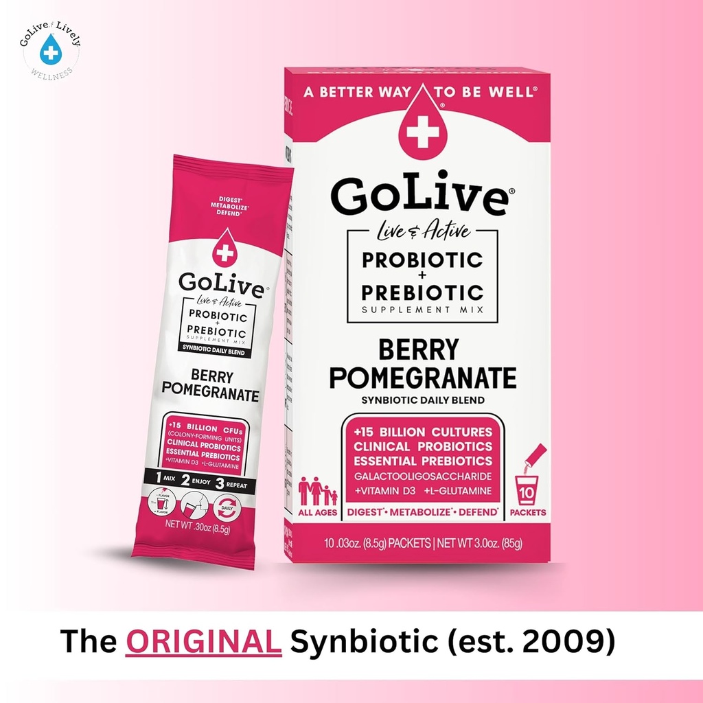 GoLive Prebiotic and Probiotic for Women, Men, Kids. Berry Pomegranate Synbiotic Powder w/ L-Glutamine, Vitamin D3, Electrolytes. For Gut Health, Digestion, Metabolism, Immunity 15-50B CFUs. 3