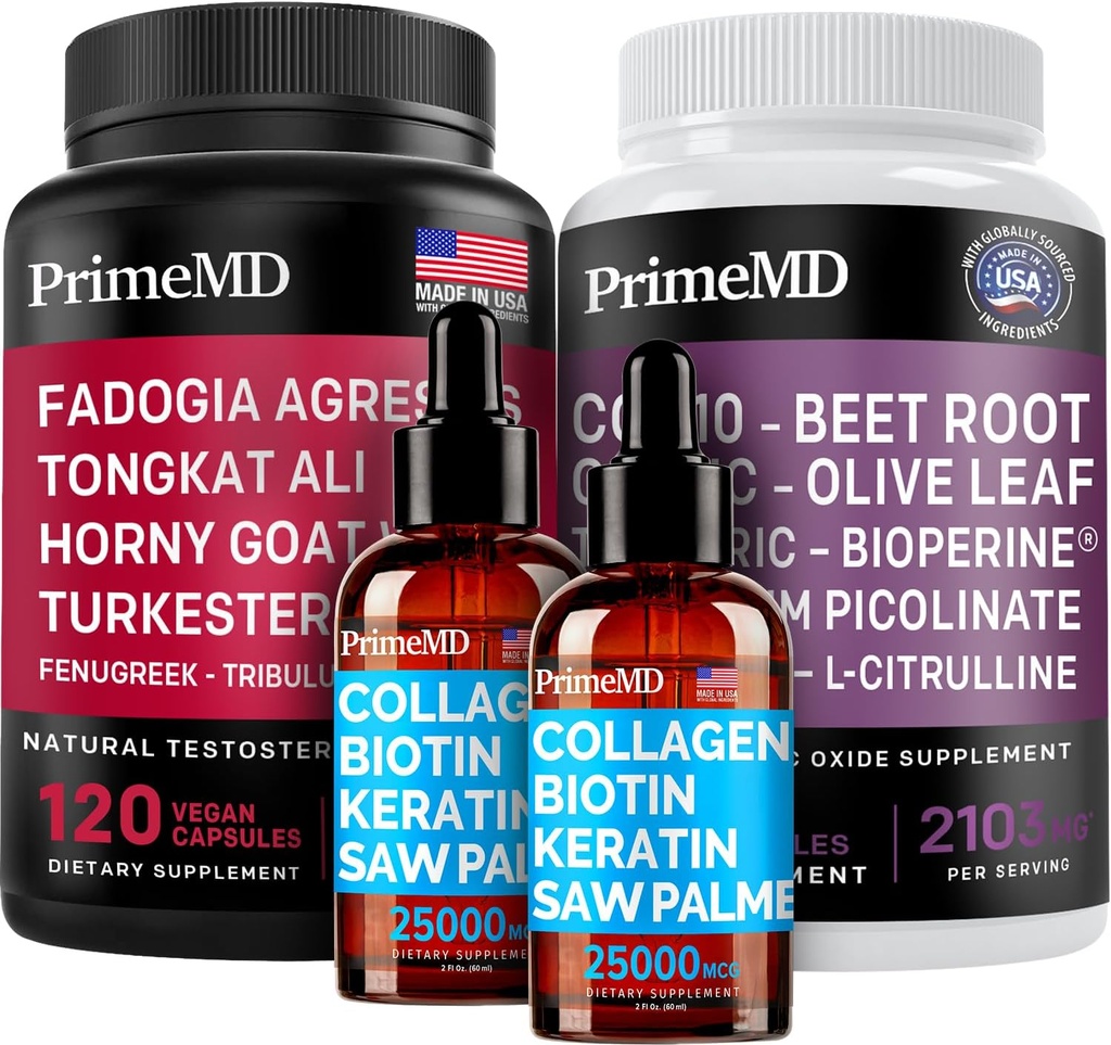 Liquid Collagen Biotin (2pk), Fadogia Tongkat Ali (1pk), and Nitric Oxide (1pk) Supplement Bundle - Potent Vitamins for Hair, Skin, Nails, Heart, Energy, & Testosterone Support - Non-GMO, Vegan 2
