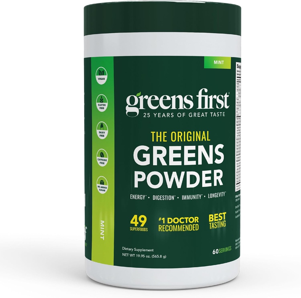 Greens First Original Greens Powder - 49 Superfoods - Organic Fruits & Veggies - Prebiotics, Probiotics & Digestive Enzymes - Antioxidant Smoothie - Dairy Free, Vegan & Non-GMO (Mint, 60 Servings) 2