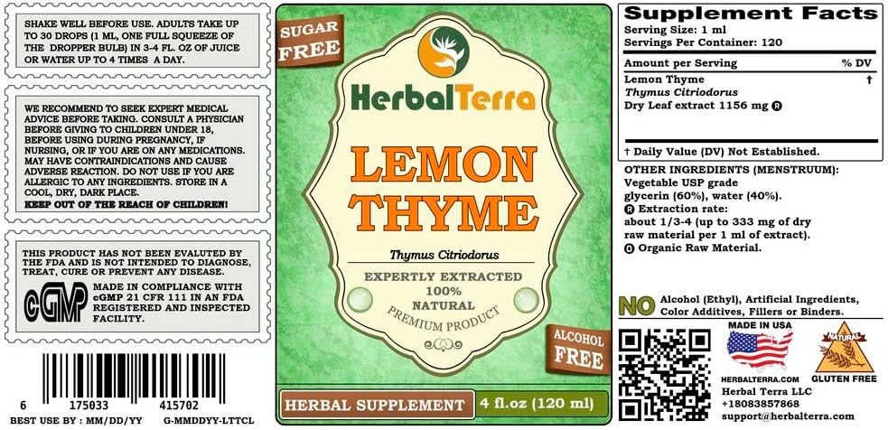 Lemon Thyme (Thymus x Citriodorus) Glycerite, Organic Dried Herb Alcohol-Free Liquid Extract (Brand Name: HerbalTerra, Proudly Made in USA) 20x4 fl.oz (20x120 ml) 3