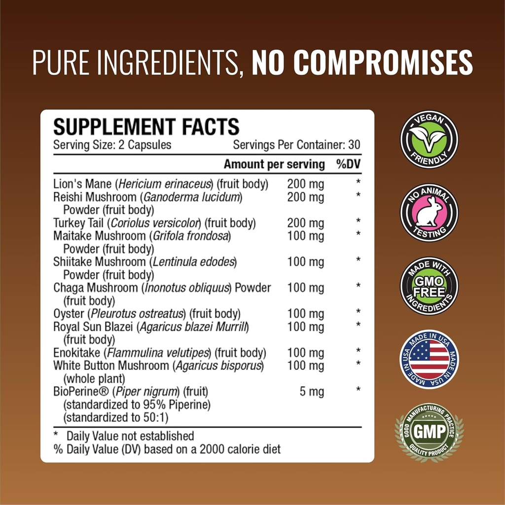 Approved Science Mushroom Complex - Support The Immune System and Cognitive Function - with Lion’s Mane, Chaga, Reishi, Turkey Tail, Shiitake, Oyster, and More - 60 Capsules - Vegan 5