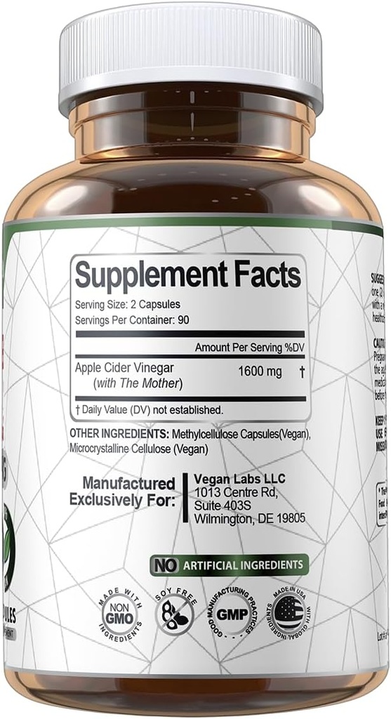 Vegan Labs Apple Cider Vinegar Capsules with The Mother- 180 Vegan Capsules, 1600MG Per Serving- 100% Natural ACV Pills- Supports Healthy Digestion, Keto, Weight Management, Detox, and Immune System 4