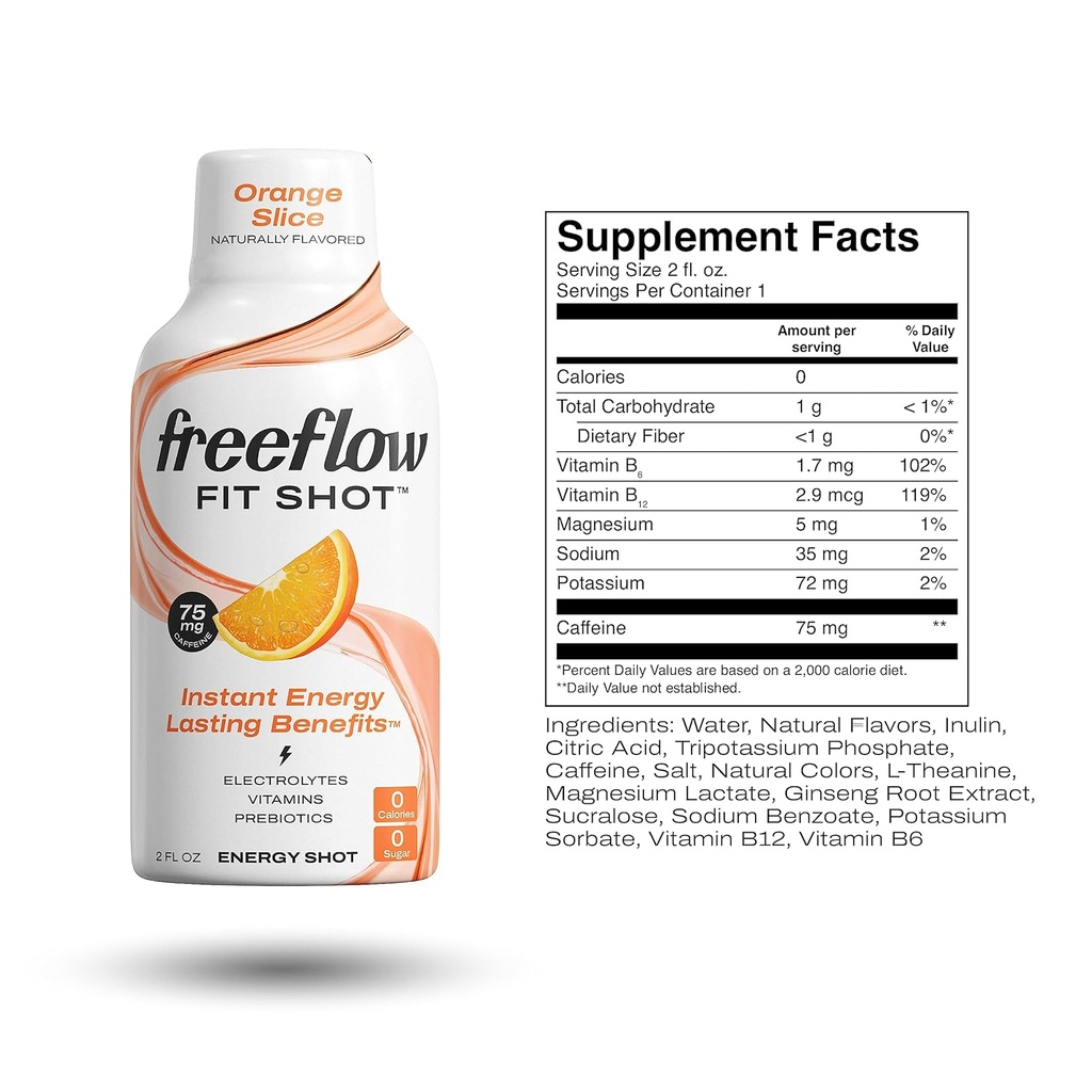 Freeflow Fit Energy Shots, Orange Slice, Natural Caffeine Boost with L-theanine, Ginseng, Vitamins, Prebiotics, Electrolytes (6 Count, 2oz Shots) 3