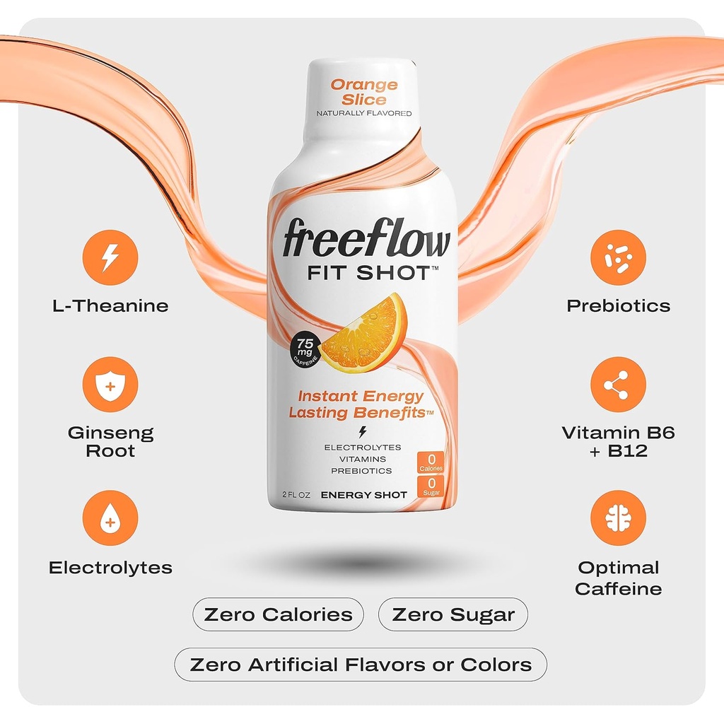 Freeflow Fit Energy Shots, Orange Slice, Natural Caffeine Boost with L-theanine, Ginseng, Vitamins, Prebiotics, Electrolytes (6 Count, 2oz Shots) 4
