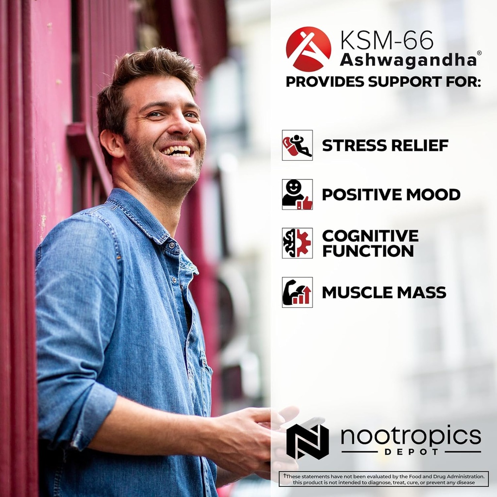 Nootropics Depot KSM-66 Ashwagandha Capsules | 300mg | 180 Count | Withania somnifera Extract | Ayurvedic Herb | Adaptogen Supplement | Stress + Promote Relaxation* | Energy, Memory + Focus* 5