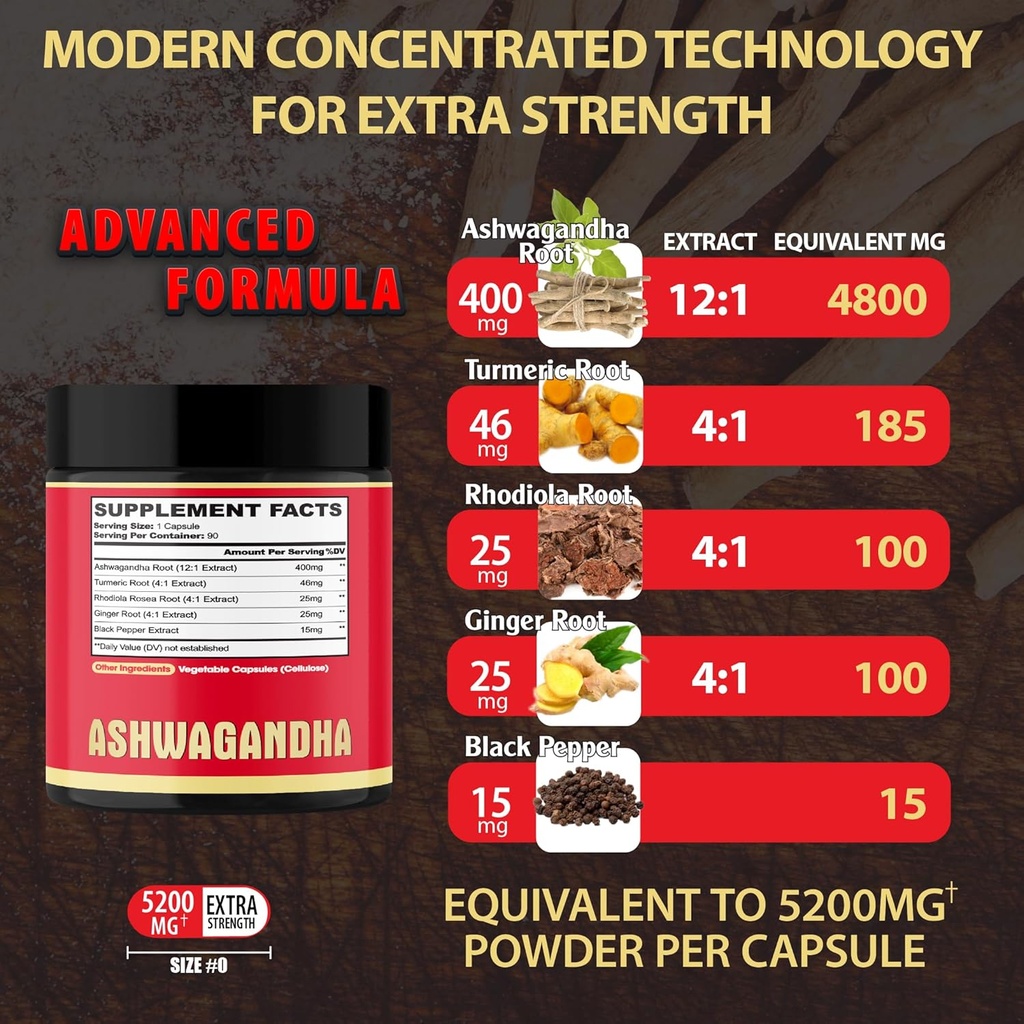 Ashwagandha Capsule 5in1-90 Vegan Capsules Blended with Ginger, Turmeric, Rhodiola Rosea & Black Pepper 3