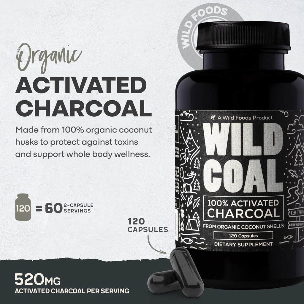 Wild Foods Activated Charcoal Capsules | 100% Organic Coconut Shells Active Tablets for Bloating Relief | Lab Tested & Non-GMO Detox Pills | USA (Two Bottles - 120 Capsules) 5
