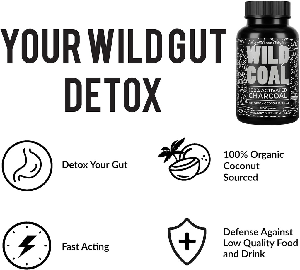 Wild Foods Activated Charcoal Capsules | 100% Organic Coconut Shells Active Tablets for Bloating Relief | Lab Tested & Non-GMO Detox Pills | USA (Two Bottles - 120 Capsules) 6