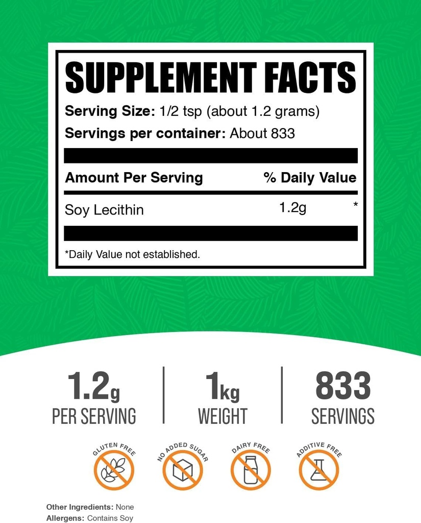 BulkSupplements.com Soy Lecithin Powder - Lecithin Supplement, Nutritional Supplement, Food Grade - Gluten Free, 1.2g per Serving, 1kg (2.2 lbs) (Pack of 1) 3
