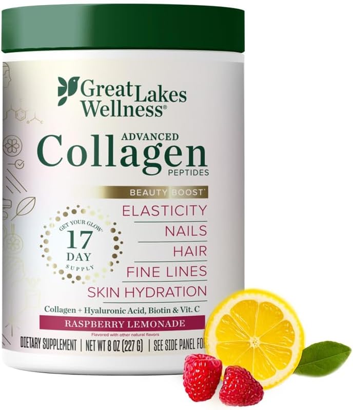 Great Lakes Wellness Beauty Boost Advanced Collagen Peptides Powder with Hyaluronic Acid, Biotin, Vitamin C - Skin Elasticity and Hydration - Raspberry Lemonade Flavor - Non-GMO, Keto, Kosher - 8 oz 2