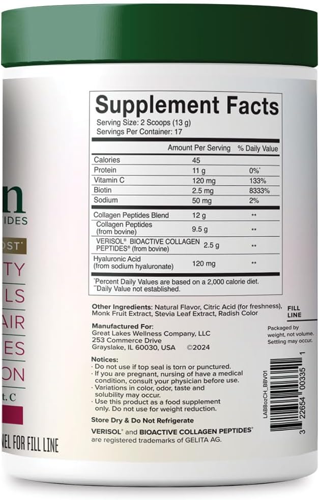 Great Lakes Wellness Beauty Boost Advanced Collagen Peptides Powder with Hyaluronic Acid, Biotin, Vitamin C - Skin Elasticity and Hydration - Raspberry Lemonade Flavor - Non-GMO, Keto, Kosher - 8 oz 4