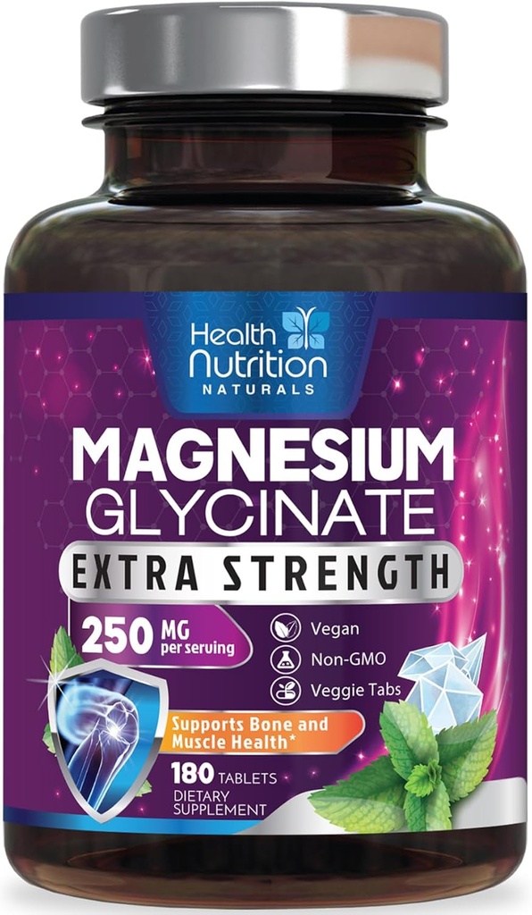 Magnesium Glycinate 250mg - 100% Chelated Magnesium for Max Absorption - Sleep Support, Muscle, Nerves, Bone & Heart Health Support, Best Mag Supplement, Vegan Non-GMO, 3rd Party Tested - 180 Tablets 2