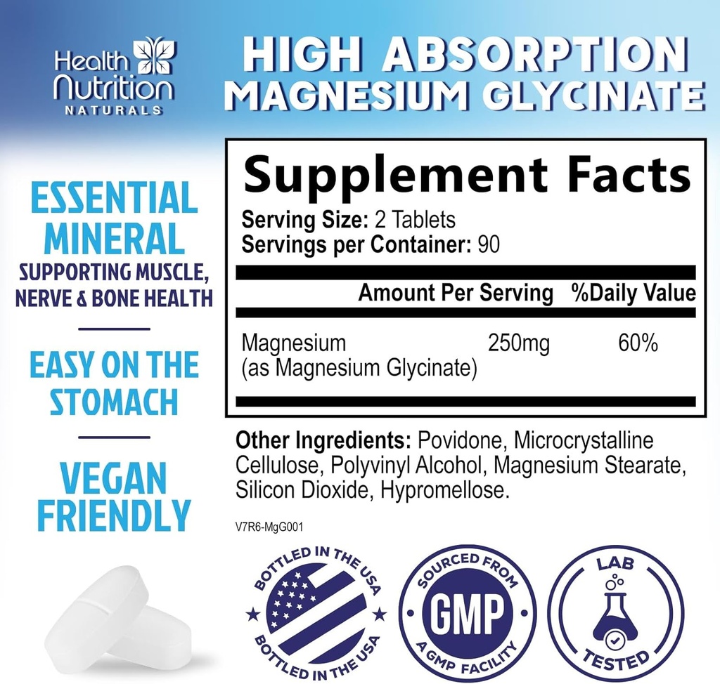 Magnesium Glycinate 250mg - 100% Chelated Magnesium for Max Absorption - Sleep Support, Muscle, Nerves, Bone & Heart Health Support, Best Mag Supplement, Vegan Non-GMO, 3rd Party Tested - 180 Tablets 3