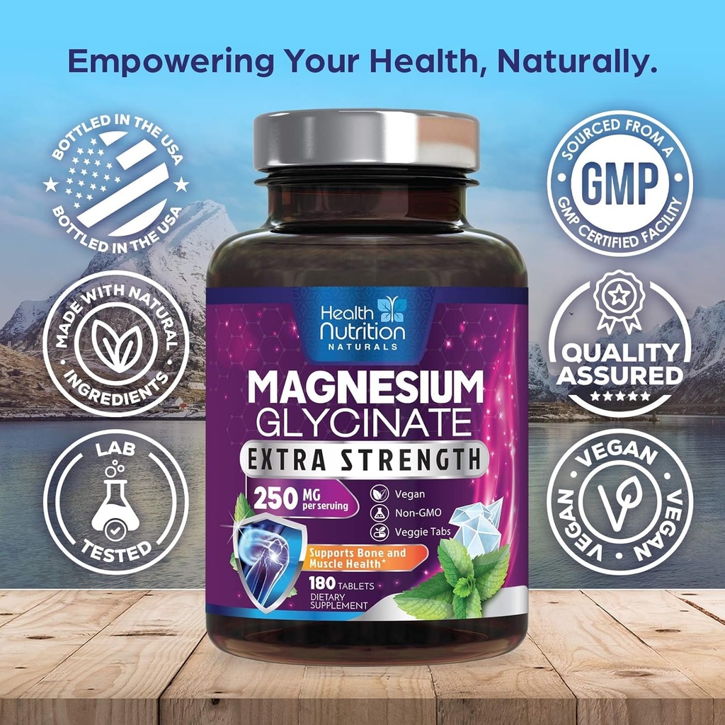 Magnesium Glycinate 250mg - 100% Chelated Magnesium for Max Absorption - Sleep Support, Muscle, Nerves, Bone & Heart Health Support, Best Mag Supplement, Vegan Non-GMO, 3rd Party Tested - 180 Tablets 5