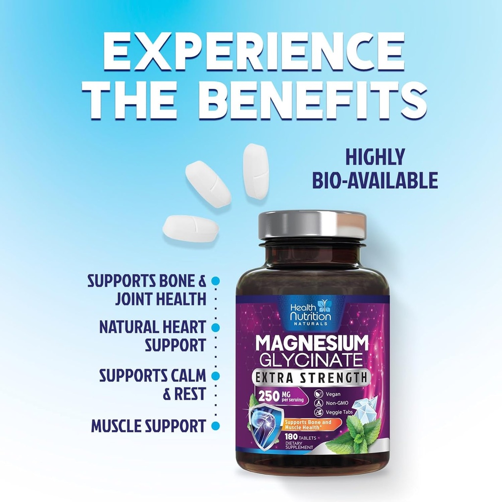 Magnesium Glycinate 250mg - 100% Chelated Magnesium for Max Absorption - Sleep Support, Muscle, Nerves, Bone & Heart Health Support, Best Mag Supplement, Vegan Non-GMO, 3rd Party Tested - 180 Tablets 6