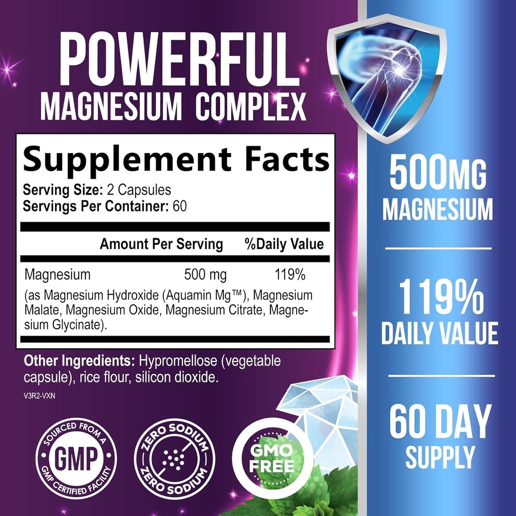 Magnesium Complex Capsules 500 mg with Oxide, Glycinate, Malate, Citrate - High Absorption Complex Chelated Magnesium Mineral Supplements - for Muscle, Bone and Heart Health Support - 120 Capsules 3