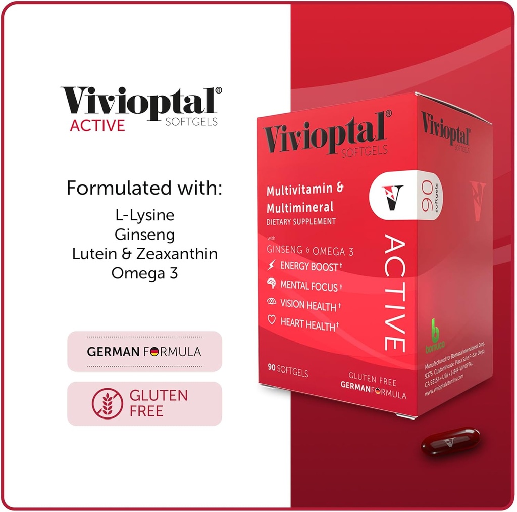 Vivioptal Active, 90 Softgels, Ginseng & Omega 3, Multivitamin & Multimineral, Gluten Free, German Formula 6