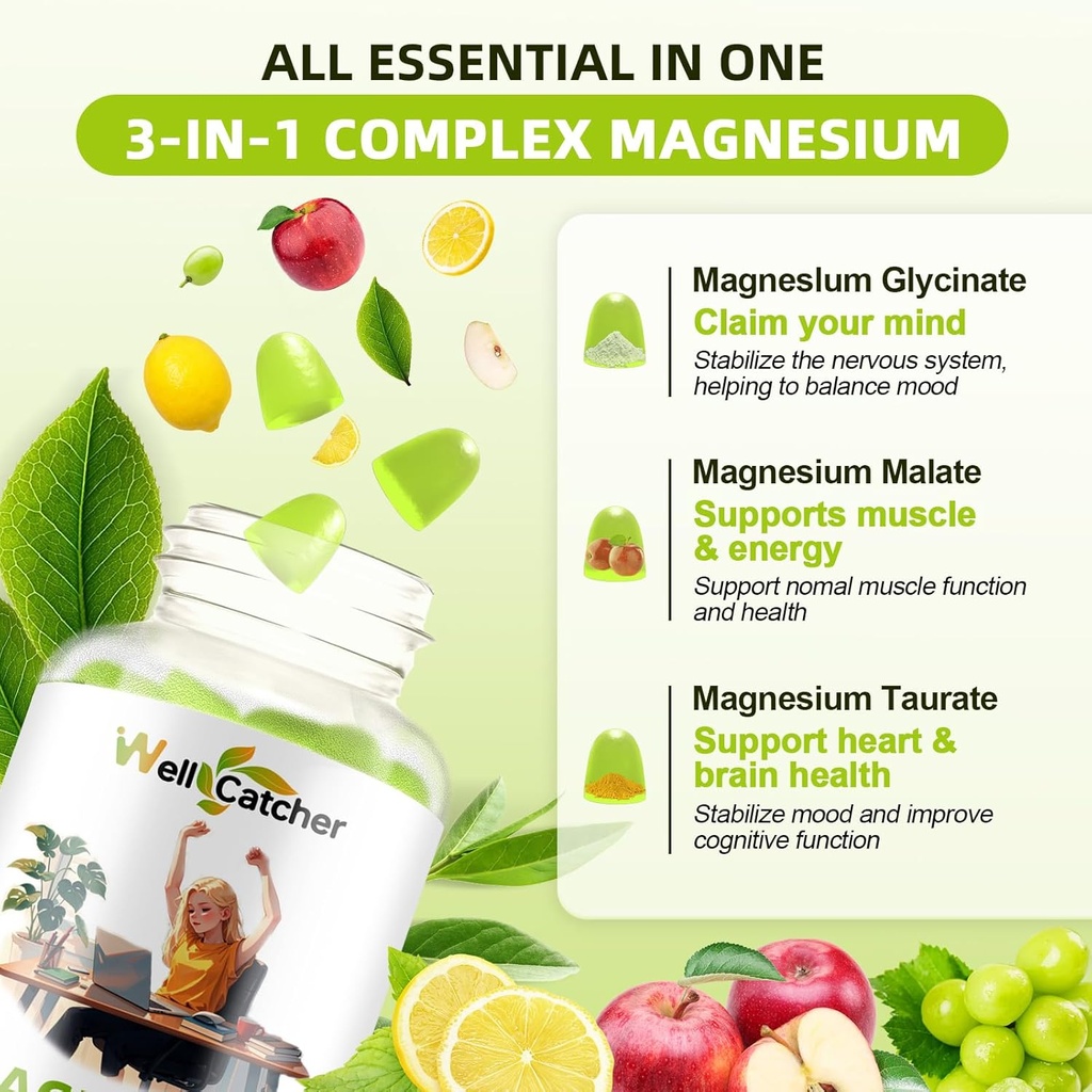 Magnesium Complex Gummies for Adults: Triple Magnesium Supplement with Magnesium Glycinate Malate Taurate for Men Women Support Sleep Mood Balanced Bones Muscle Health Sugar Free Organic 60CT 6