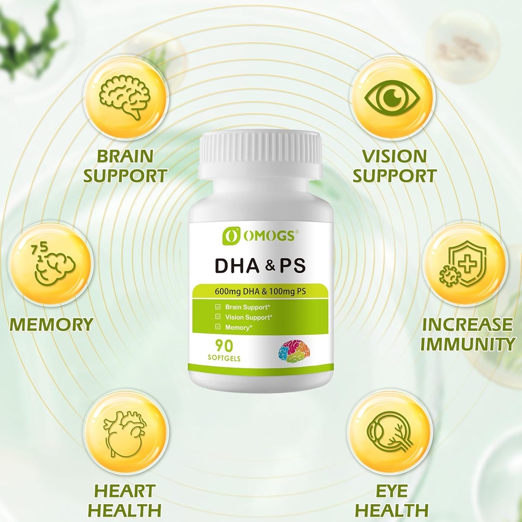 OMOGS Algae DHA - 600 mg Omega-3 DHA Softgels, with Phosphatidylserine & Walnut Oil, Supports Healthy Brain Function, Vision, Eye & Memory, Gluten Free, Non-GMO Vegan Algae Oil, 90 Softgels 5