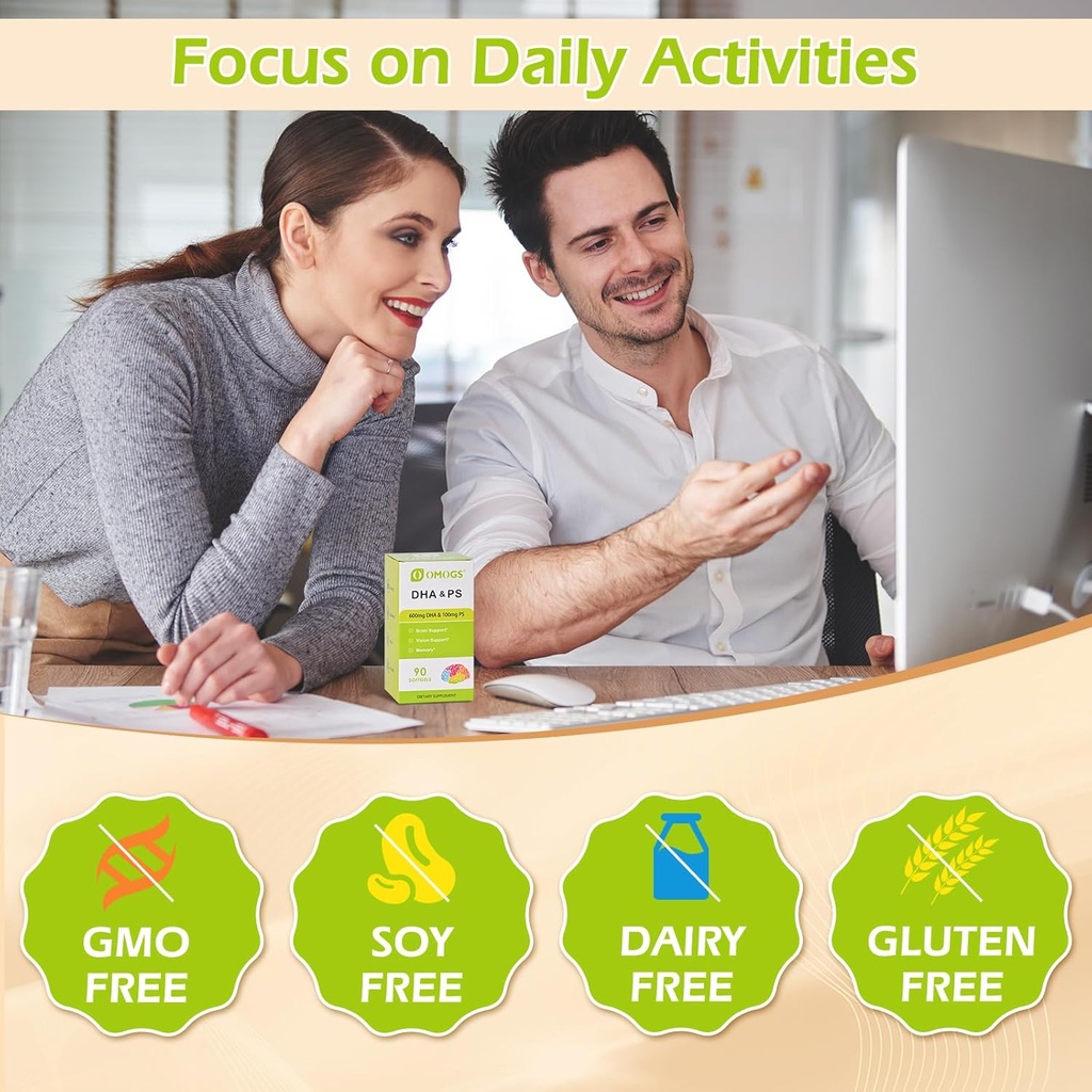 OMOGS Algae DHA - 600 mg Omega-3 DHA Softgels, with Phosphatidylserine & Walnut Oil, Supports Healthy Brain Function, Vision, Eye & Memory, Gluten Free, Non-GMO Vegan Algae Oil, 90 Softgels 6