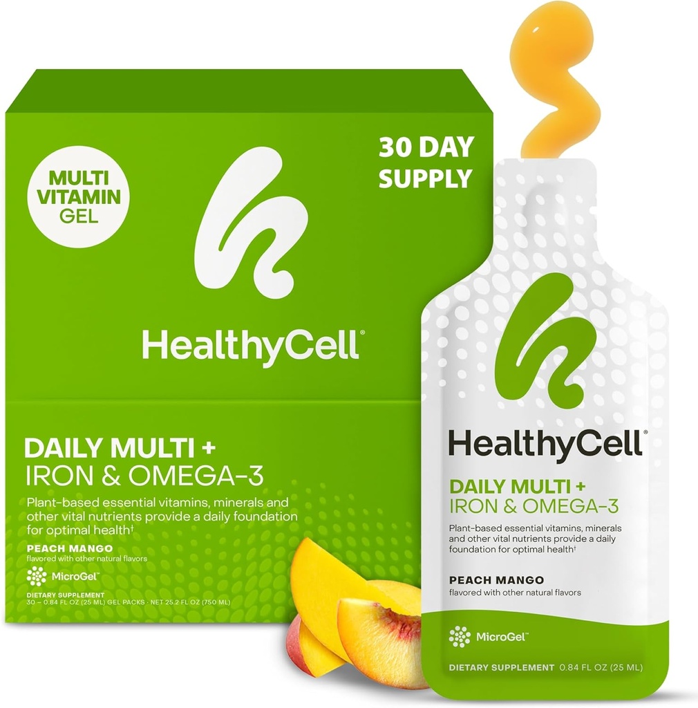 Healthycell Vegan Daily Multivitamin Liquid Supplement with Iron and Omega-3, 25+ Essential Vitamins, Minerals & Nutrients for Brain & Heart Health, Immune Support & Energy - 30 Gel Packs 2