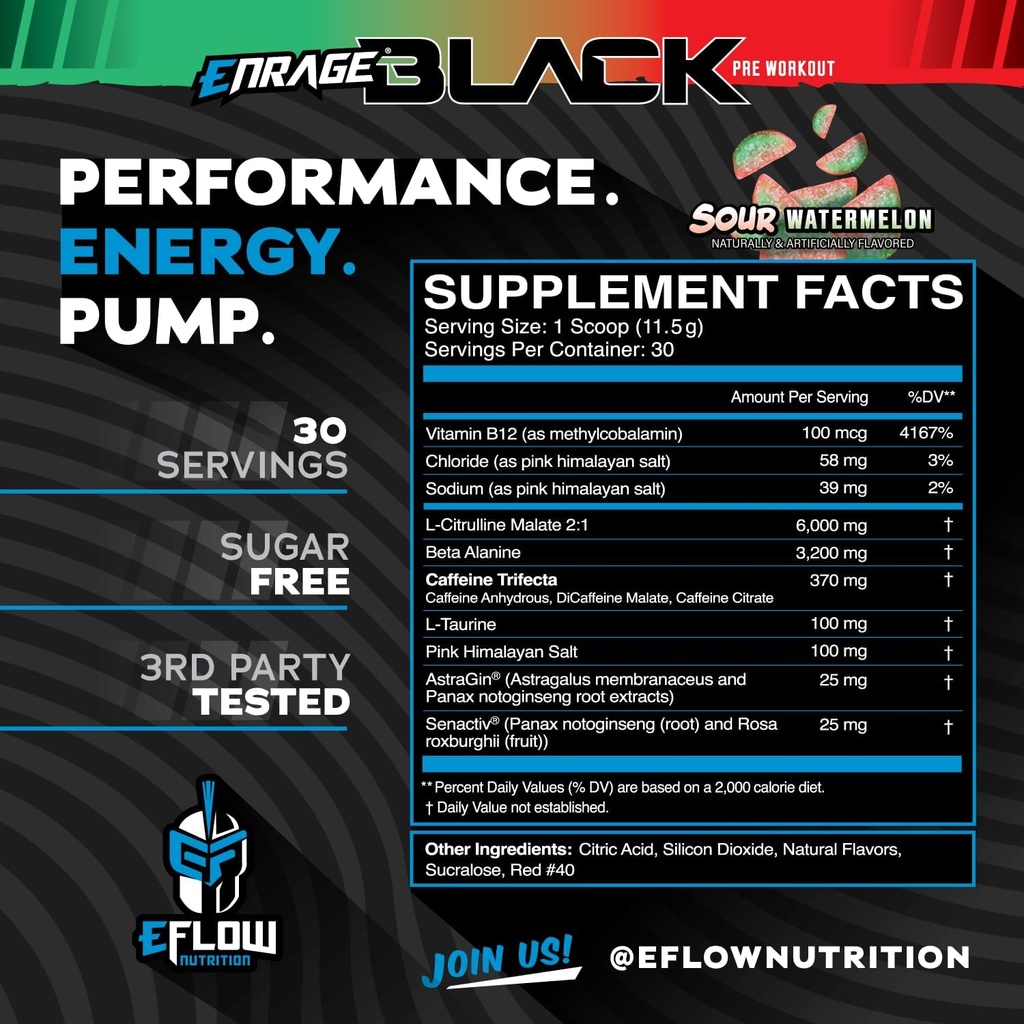 eFlow Nutrition Enrage Black High Stimulant Pre Workout Supplement - Preworkout Powder to Boost Energy, Pumps and Strength - 4 Flavors (30 Servings) (Sour Watermelon) 3