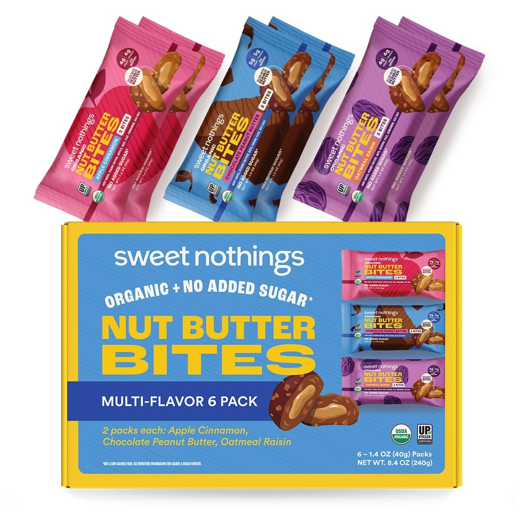 Sweet Nothings, Variety Pack: Chocolate, Apple Cinnamon, and Oatmeal Raisin, USDA Organic Nut Butter Bites Protein 6-2 Bite Value Packs (2 of each flavor) - No Added Sugar 4