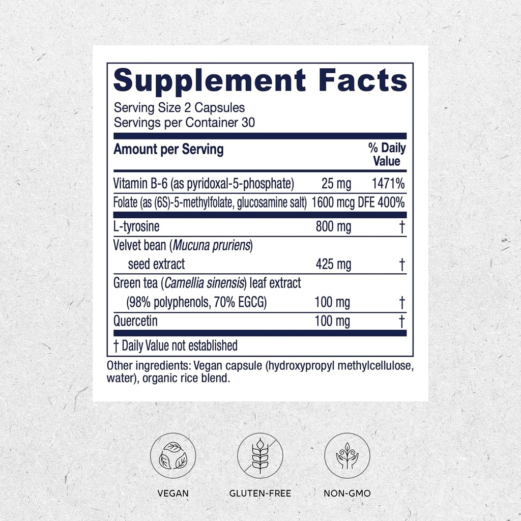 Vitanica Dopamine Assist, Dr Formulated Dopamine Supplement, L-Tyrosine, Mucuna Pruriens Neurotransmitter Mood Support, Vitamin B6, Folate, Green Tea Extract Quercetin Vegan, 60 Capsules 3
