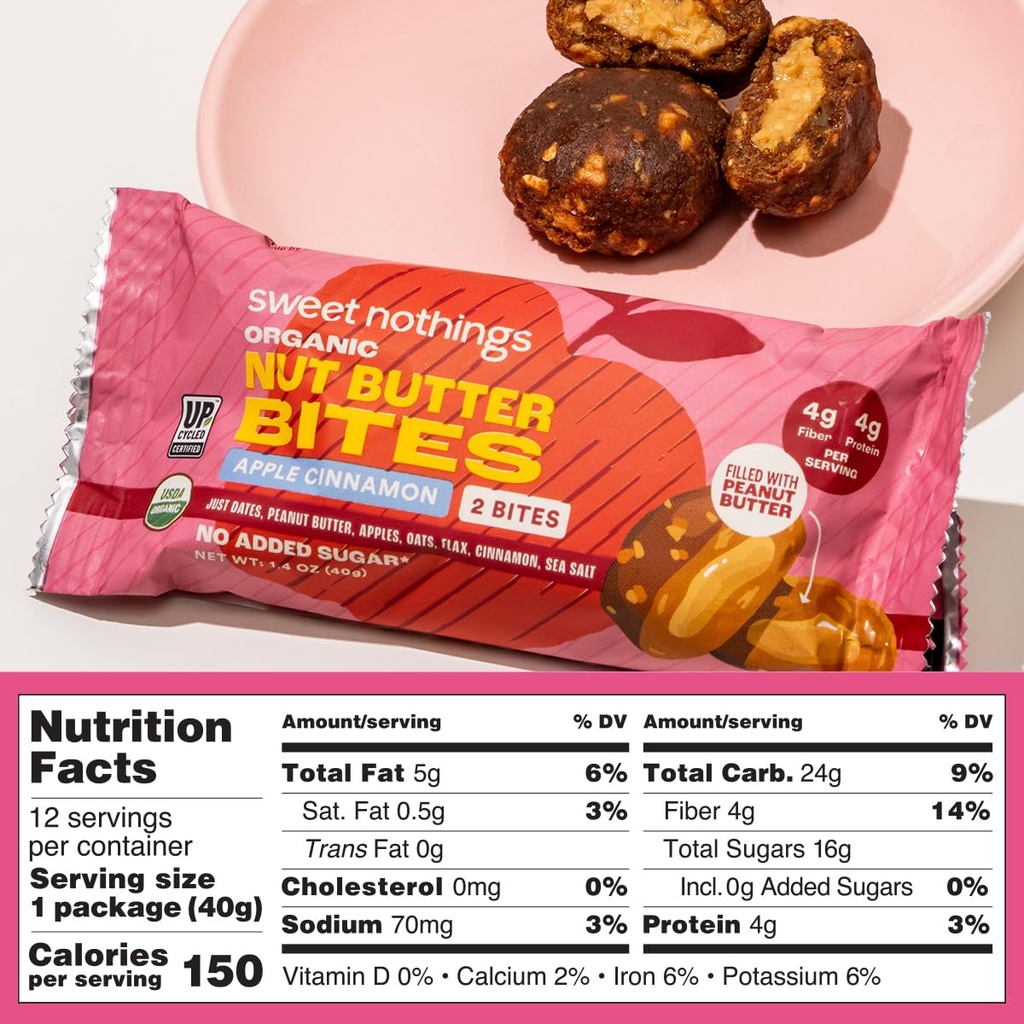 Sweet Nothings, Variety Pack: Chocolate, Apple Cinnamon, and Oatmeal Raisin, USDA Organic Nut Butter Bites Protein 6-2 Bite Value Packs (2 of each flavor) - No Added Sugar 6