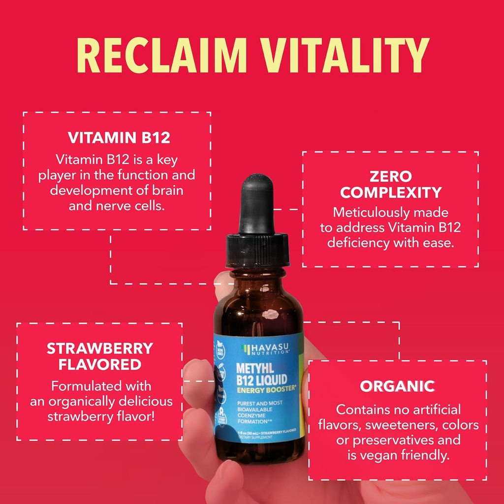 USDA Organic Vitamin B12 Liquid Drops - Methylcobalamin for Enhanced Energy and Nervous System Support - 30 Servings - Highly Bioavailable for Absorption - Non-GMO, Vegan, Strawberry Flavor, 1 Fl Oz 4