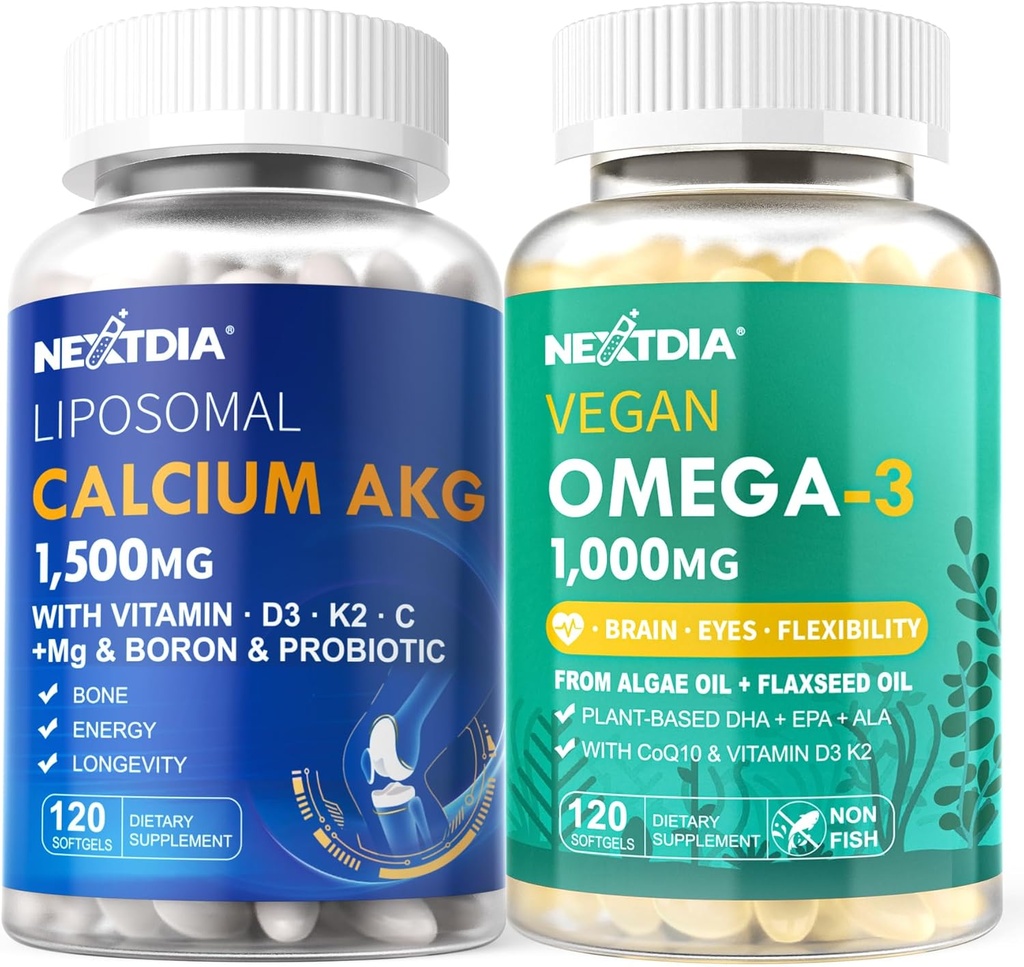 Liposomal Calcium AKG Supplement 1500mg + Vegan Omega 3 Supplement 1000mg 2