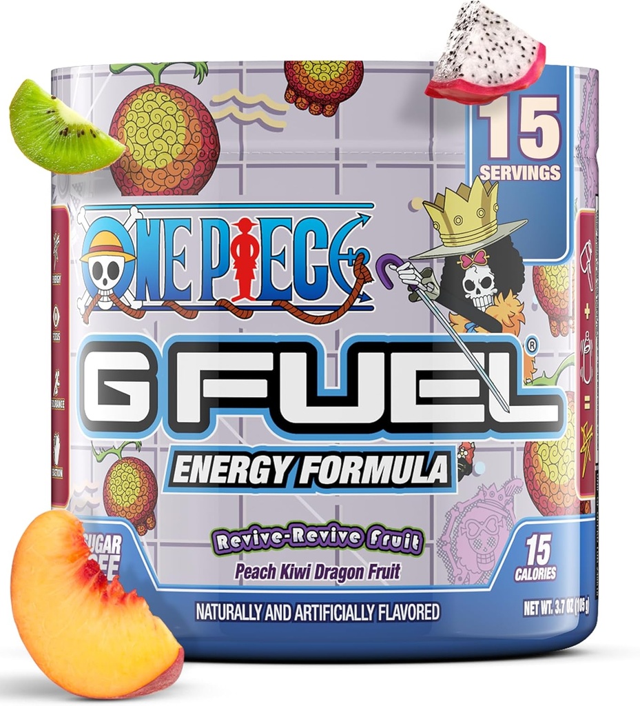 G Fuel ONE Piece Revive-Revive Energy Drink Powder, Pre Workout Caffeine Mix for Gaming, Sugar Free Focus Amino + Antioxidants, 3.7oz (Peach Kiwi Dragon Fruit, 15 Servings) 2