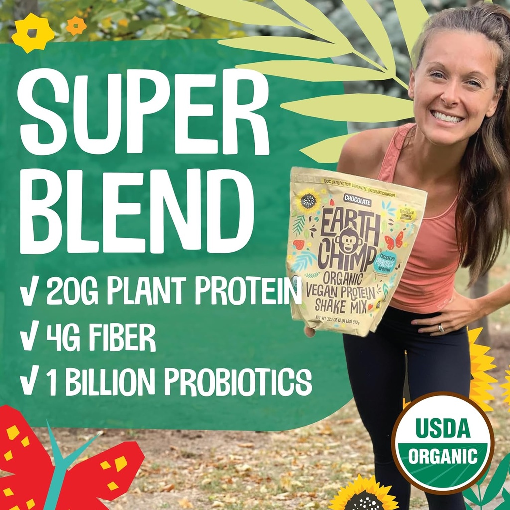 EarthChimp Organic Vegan Protein Powder - with Probiotics - Non GMO, Dairy Free, Non Whey, Plant Based Protein Powder for Women and Men, Gluten Free - 26 Servings 32 Oz (Plain & Unsweetened) 5