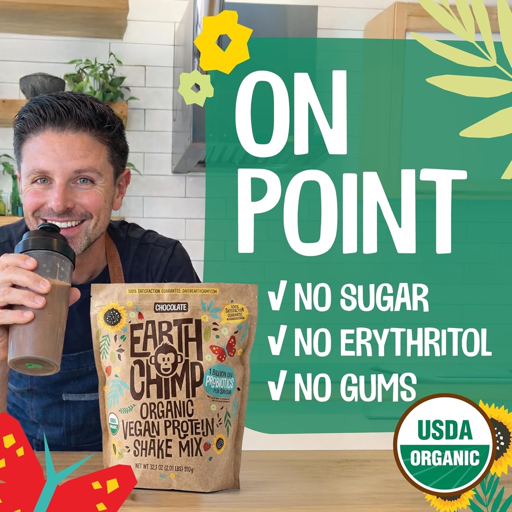 EarthChimp Organic Vegan Protein Powder - with Probiotics - Non GMO, Dairy Free, Non Whey, Plant Based Protein Powder for Women and Men, Gluten Free - 26 Servings 32 Oz (Plain & Unsweetened) 6