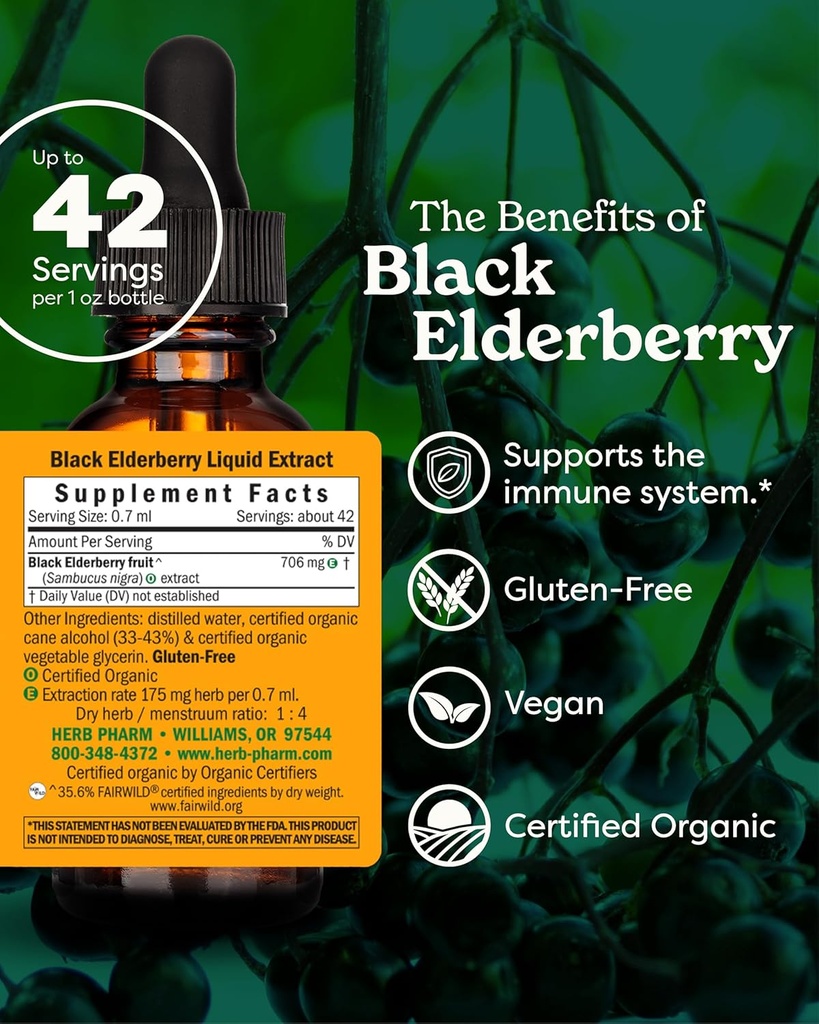 Herb Pharm Certified Organic Black Elderberry Liquid Extract for Immune System Support, Organic Cane Alcohol, 1 Oz 3