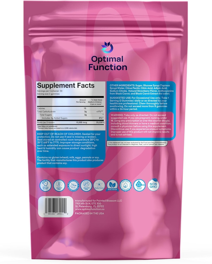 Optimal Biotin – Hair, Skin & Nails, Extra Strength (10,000 mcg). 60 Natural Gummies 3