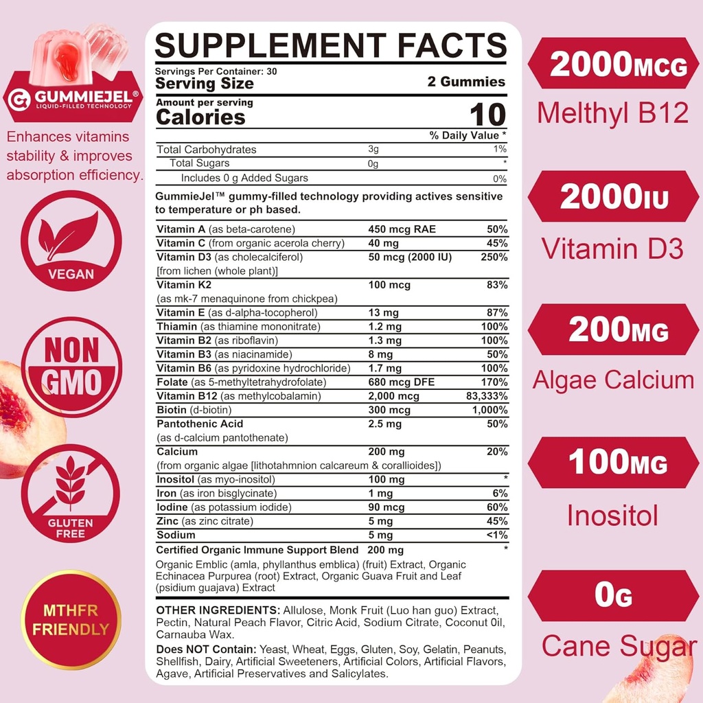 (2 Pack) Sugar Free Methylated Multivitamin for Women Gummies with Calcium, D3 K2, Inositol, Folate, Biotin, Iron, Vitamin A, C, E, B Complex - Multi Vitamins & Minerals - Energy, Immune, Bone - Vegan 3
