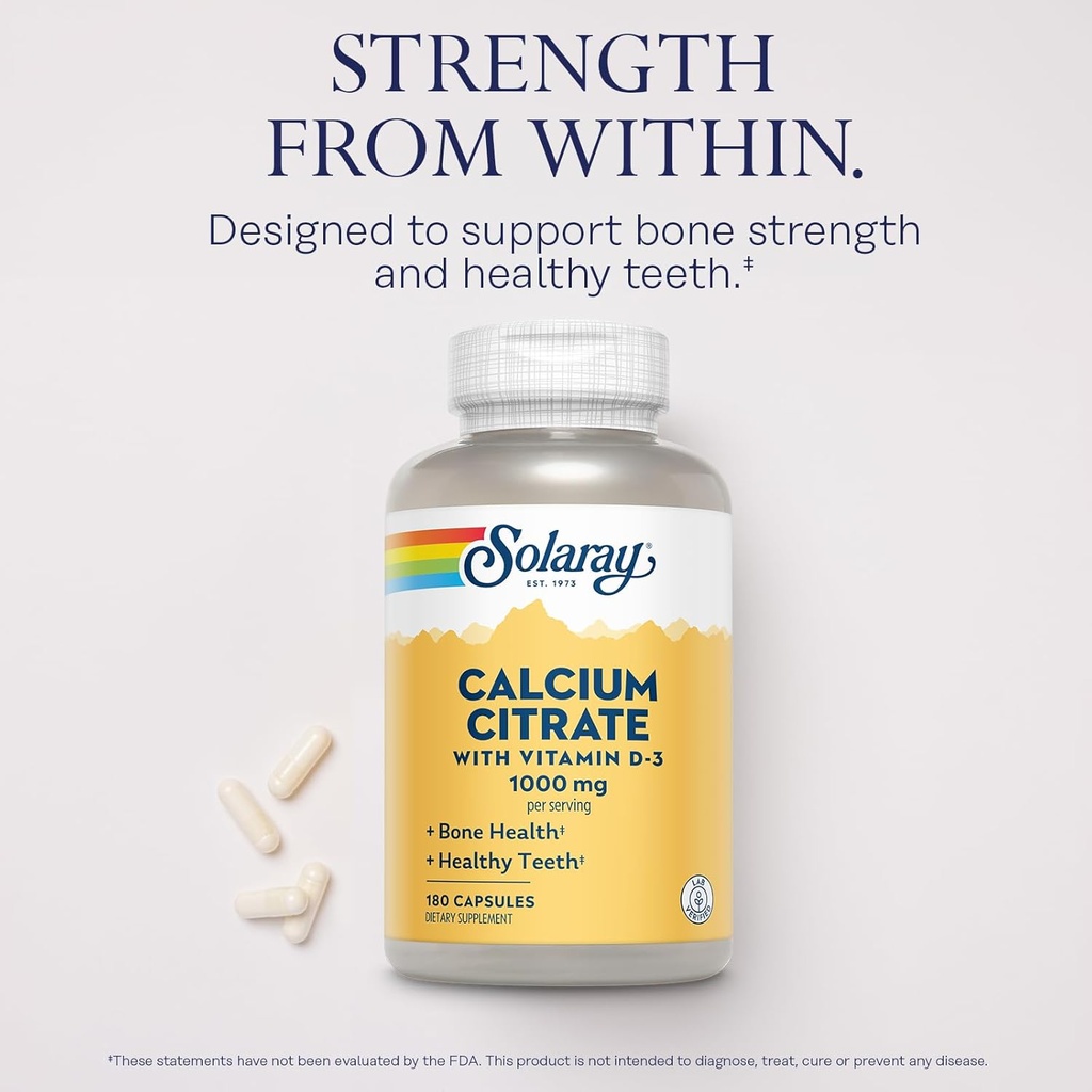 Solaray Calcium Citrate with Vitamin D3 1000mg - Bone Strength and Healthy Teeth Support - Gentle Digestion Formula - Lab Verified, 60-Day Guarantee - 30 Servings, 180 Capsules 4