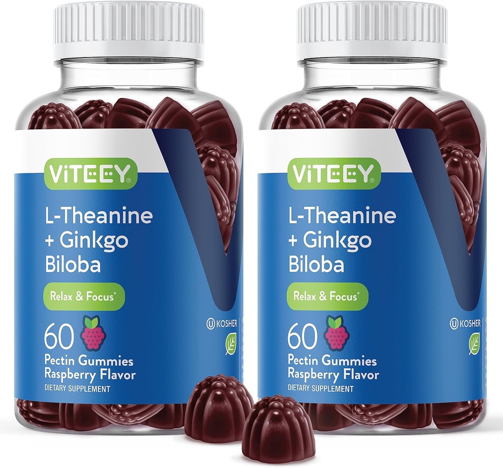 Viteey L-Theanine Gummies with Ginkgo Biloba for Adults - aids in Focus & Relax, Improve Mood - Non GMO, Gelatin Free, Vegan, Gluten Free, Naturally Sourced Chewable Tasty Raspberry Flavored Gummy 2
