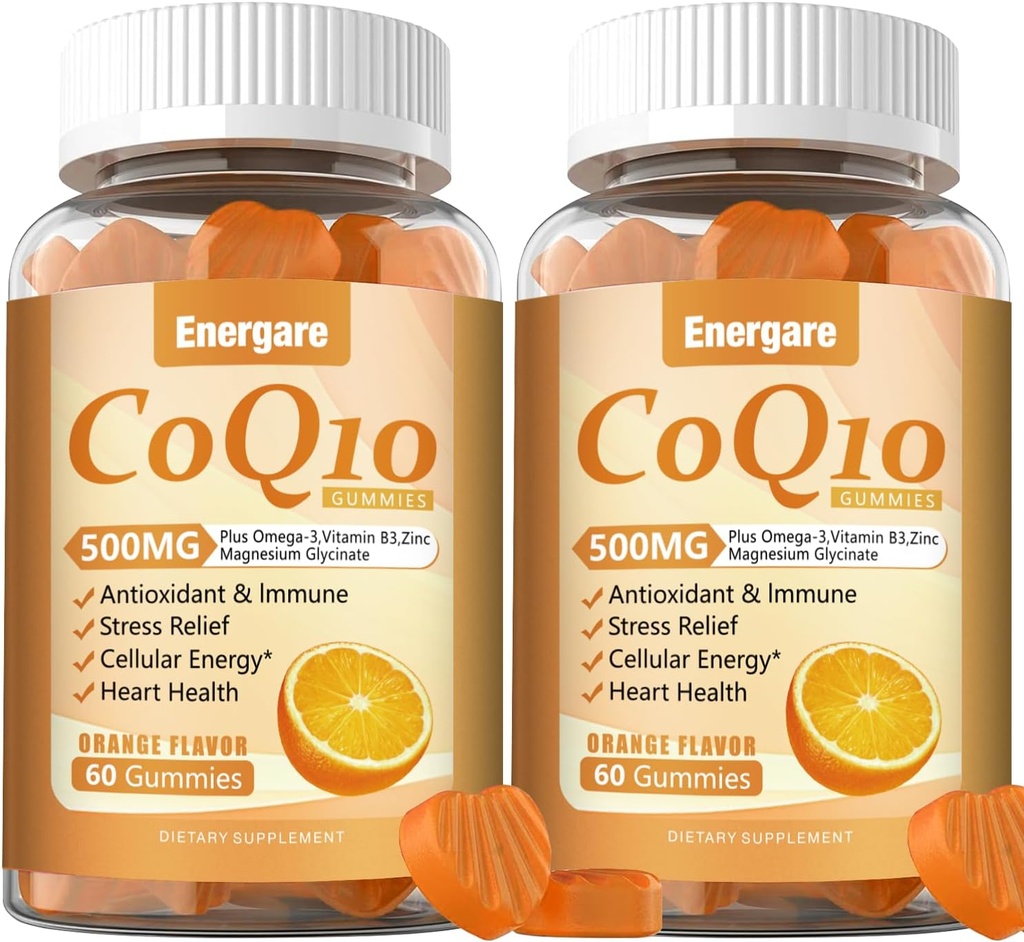 2 Packs CoQ10 500MG Gummies - 3X Better Absorption Coenzyme Q10 Supplements - Plus Omega-3, Magnesium, Vitamin B3 & Zinc for Heart Health, Cellular Energy & Antioxidant, 120 Cts 2
