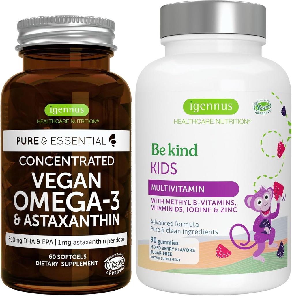 Vegan Omega-3 Algae Oil + Advanced Kids Multivitamin Gummy Bundle, High Concentration DHA & EPA + Vitamin A, B, C, D3 & E, Clean Ingredients 60 Softgels + 90 Berry Flavor Gummies, by Igennus 2