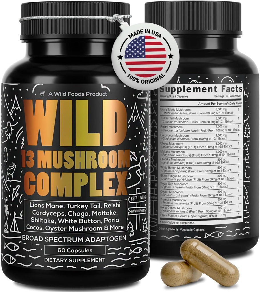 Wild Foods Premium Mushroom Supplement Complex | Mushroom Extract 13 Organic Mushrooms: Lions Mane, Turkey Tail, Reishi & More Adaptogenic Mushrooms for Energy, Brain & Immune Health (Pack of 2) 2