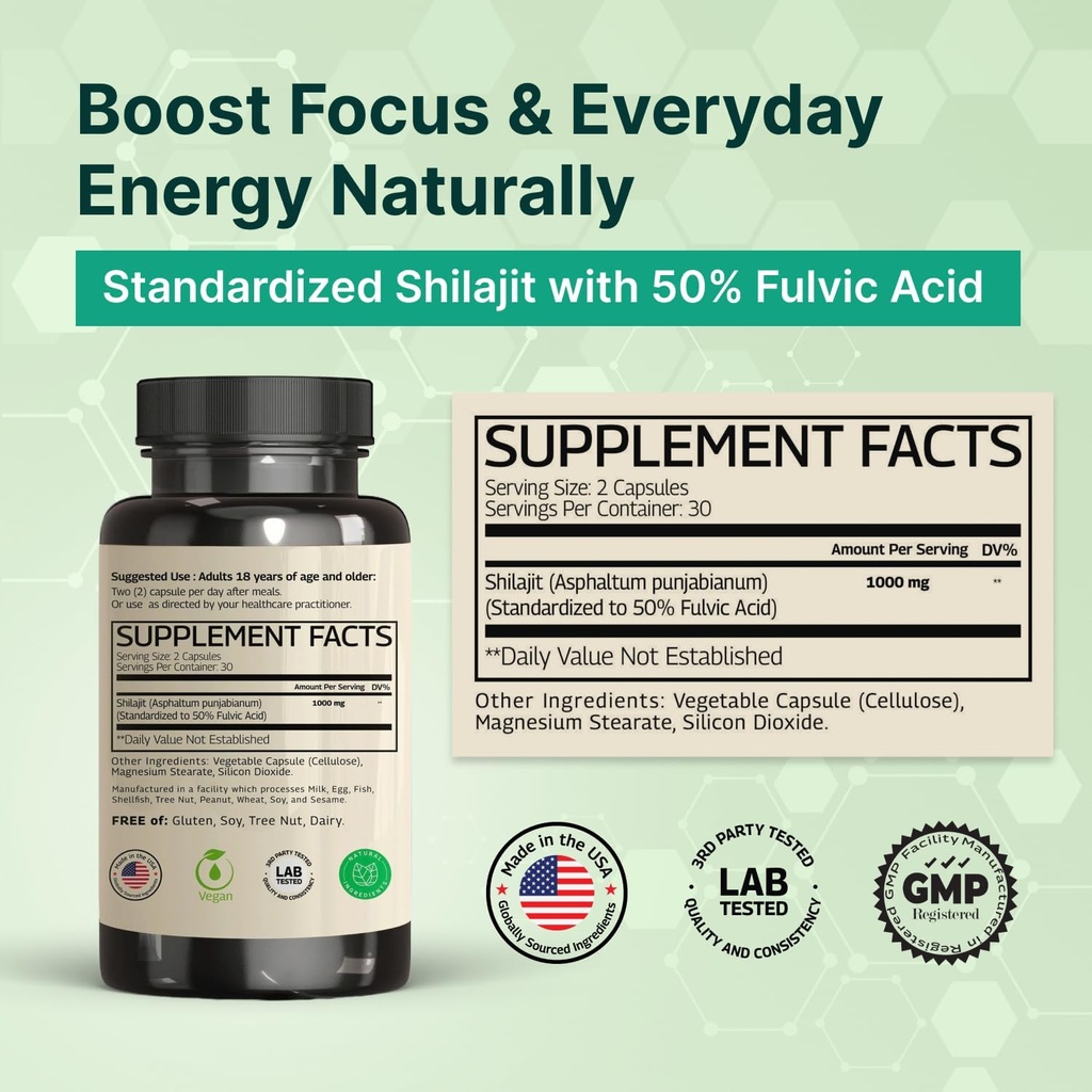 VINATURA Shilajit for Men and Women - 1000mg Pure Himalayan Shilajit Capsules, standardized to 50% Fulvic Acid - 60 Capsules 3