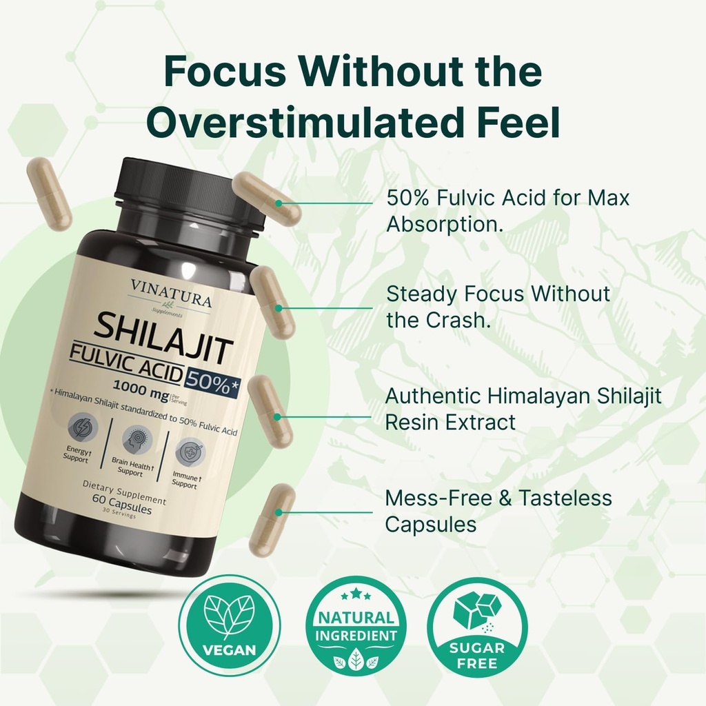 VINATURA Shilajit for Men and Women - 1000mg Pure Himalayan Shilajit Capsules, standardized to 50% Fulvic Acid - 60 Capsules 5