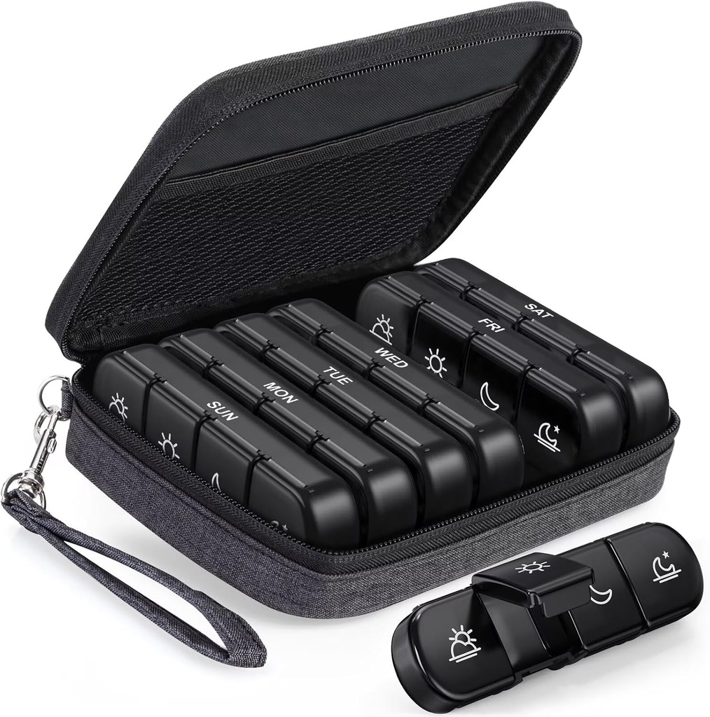 PULIV Weekly Pill Organizer 4 Times a Day with a Business Stylish Bag, Portable Pill Box 7 Day with 28 Compartments for Men, Removable Pill Sorters to Store Vitamin, Medication, Fish Oil, Supplements 2