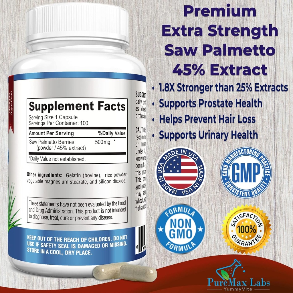 Extra Strength Saw Palmetto - 45% Extract Prostate Supplement, Decrease Frequent Urination, DHT Blocker for Hair Growth, Non-GMO, 100 Capsules 3
